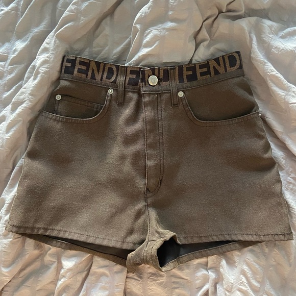 Fendi Pants - Fendi Brown Logo Waistband Denim Shorts